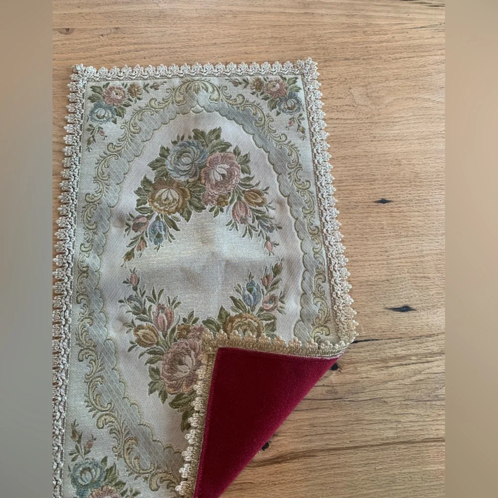 Vintage Victorian Embroidered Table Runner Pink Green Ivory Res Backing Lace Pre